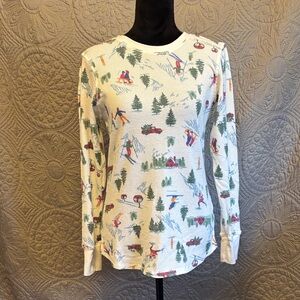 Cuddle Duds Winter Ski Print Thermal Top in Cream with Multi Color Motif
